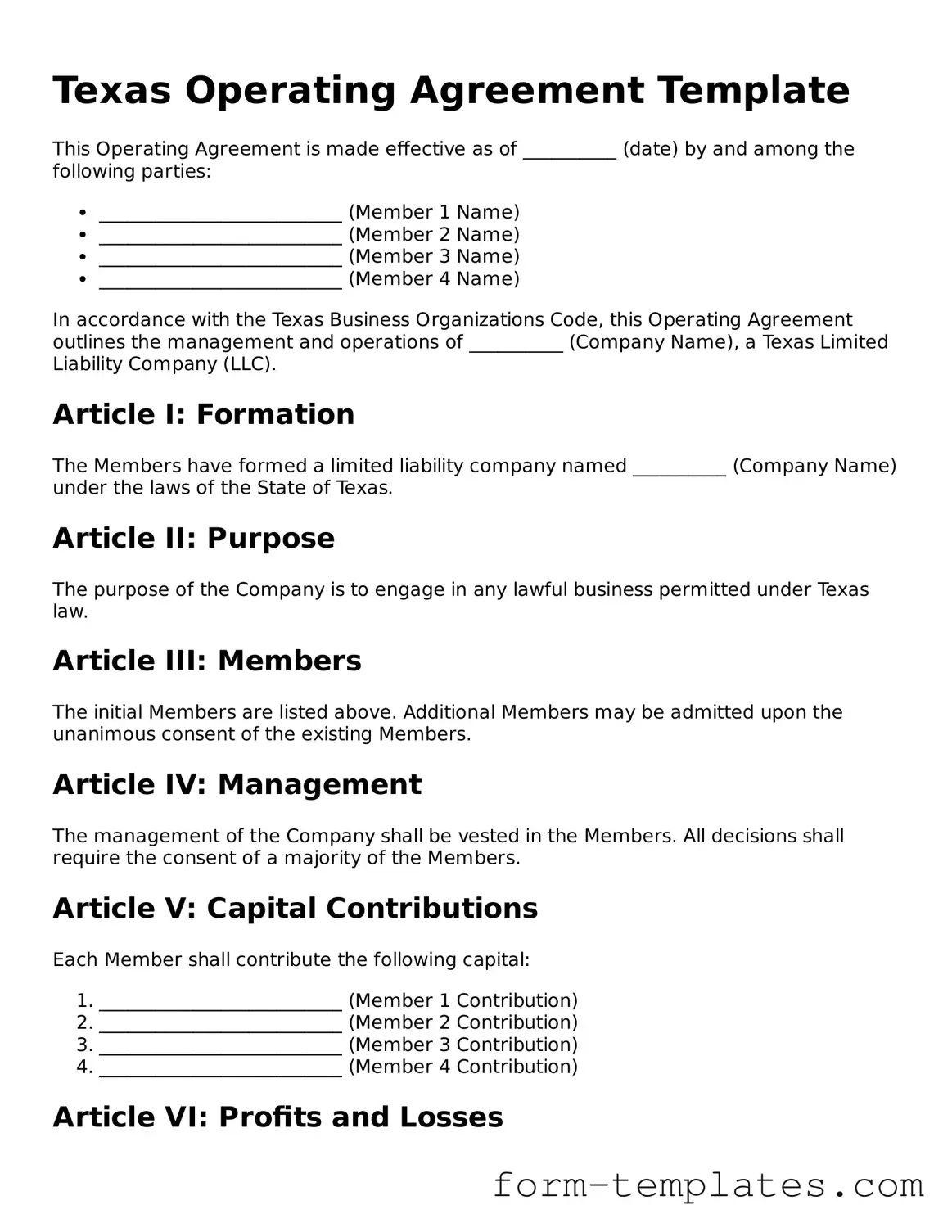 Printable Operating Agreement Form for the State of Texas