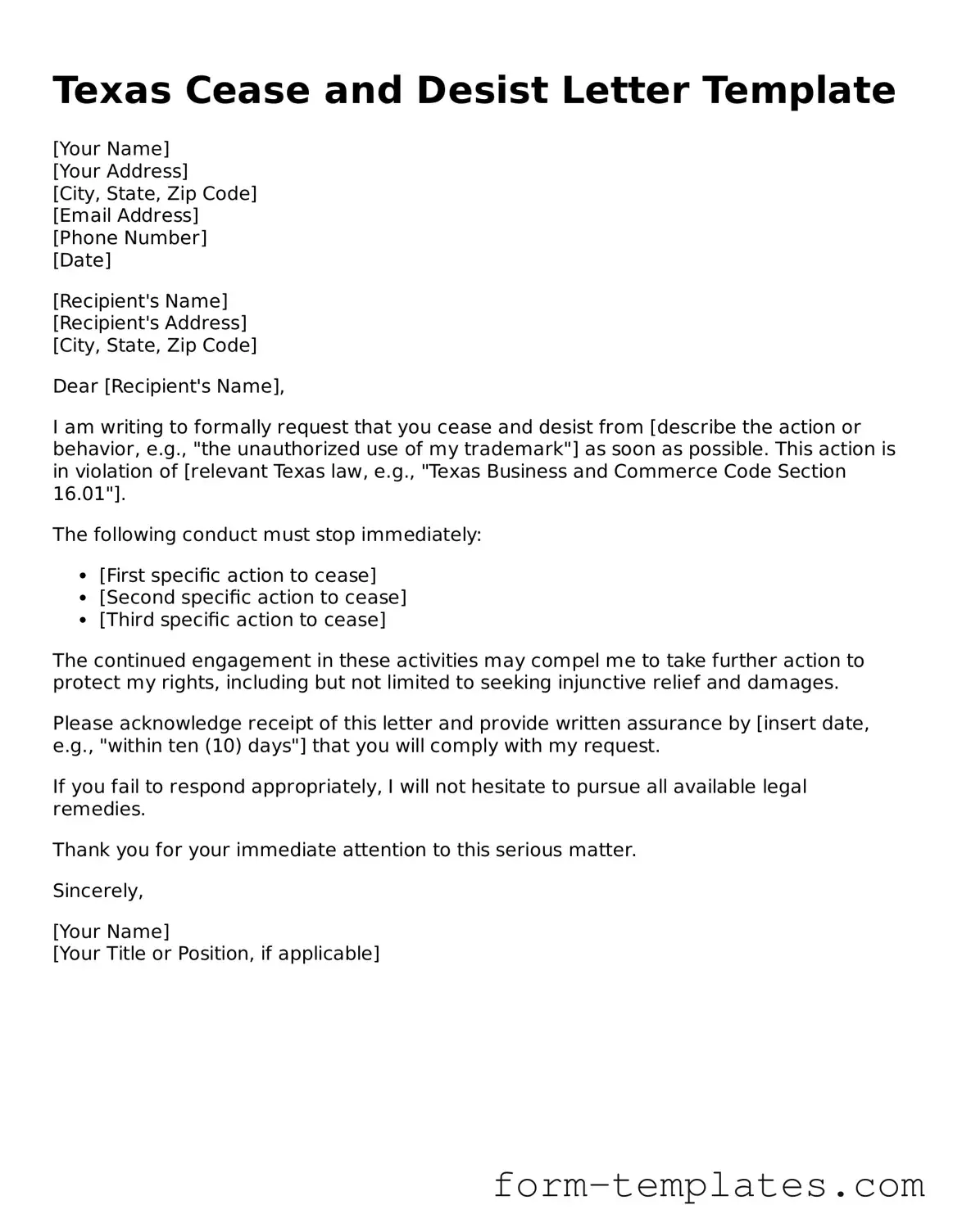 Printable Cease and Desist Letter Form for the State of Texas