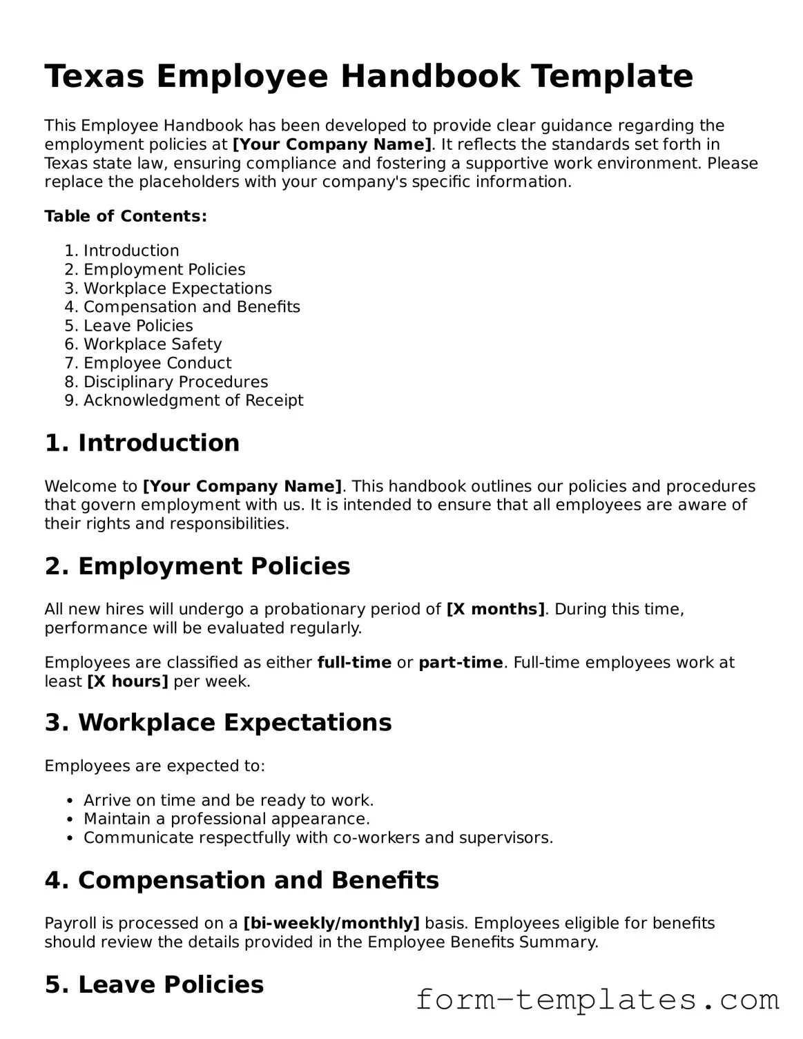 Printable Employee Handbook Form for the State of Texas