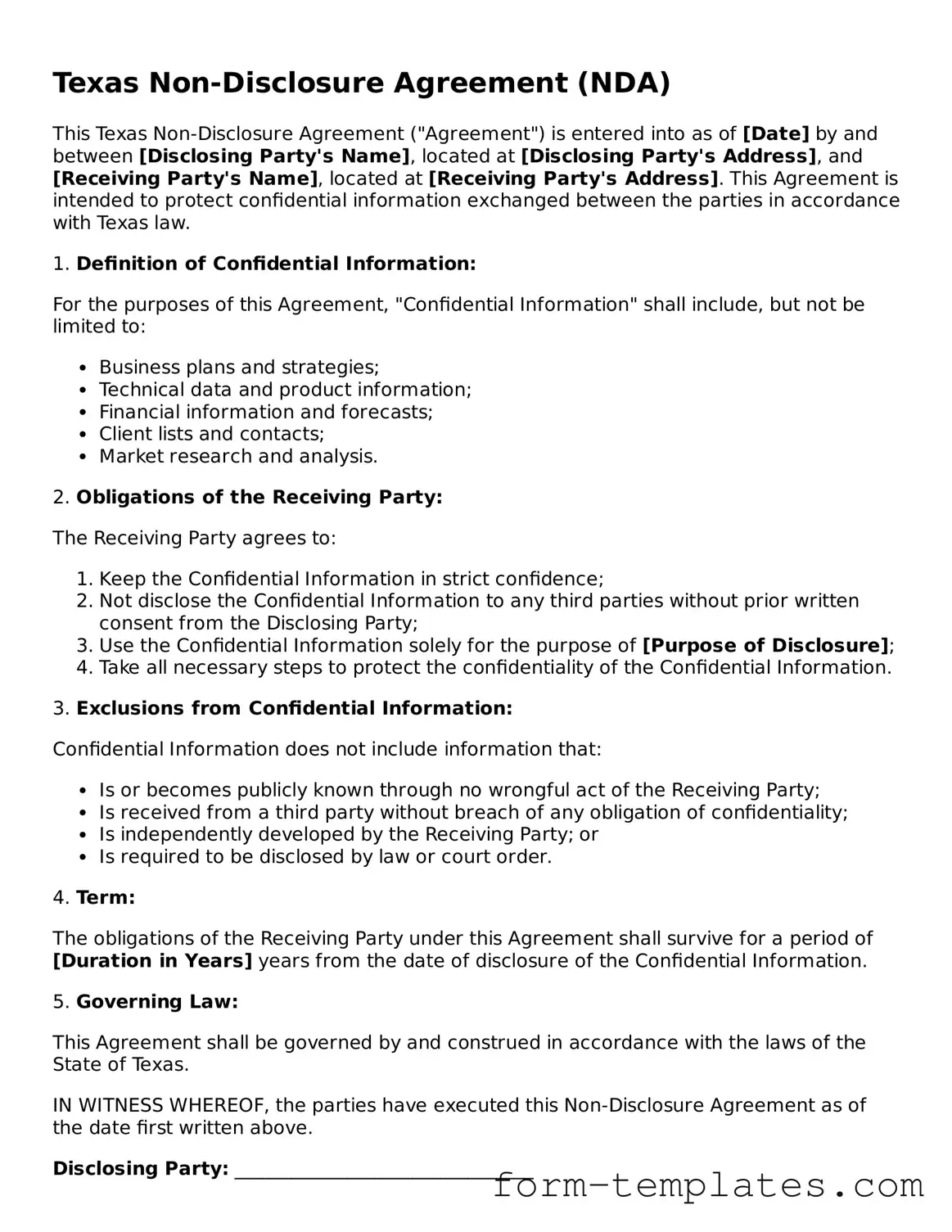 Printable Non-disclosure Agreement Form for the State of Texas
