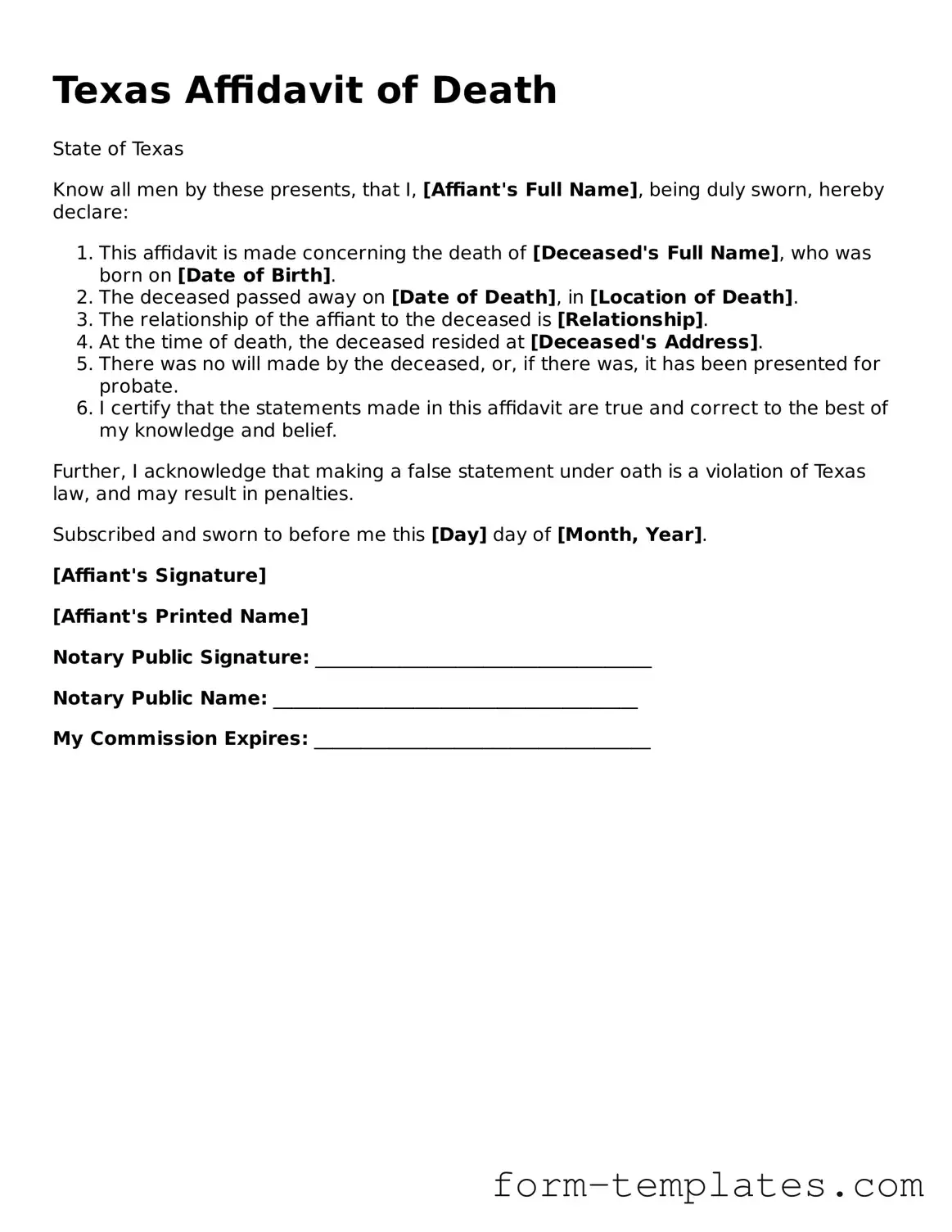 Printable Affidavit of Death Form for the State of Texas