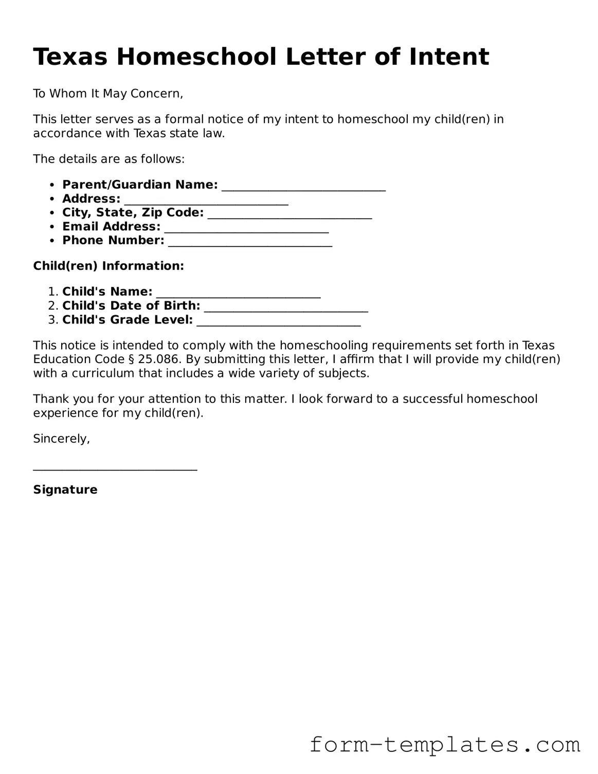 Printable Homeschool Letter of Intent Form for the State of Texas