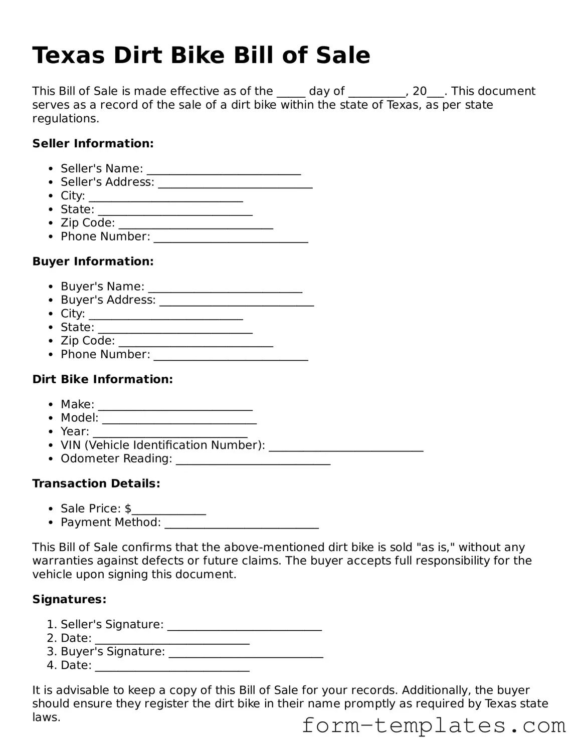 Printable Dirt Bike Bill of Sale Form for the State of Texas