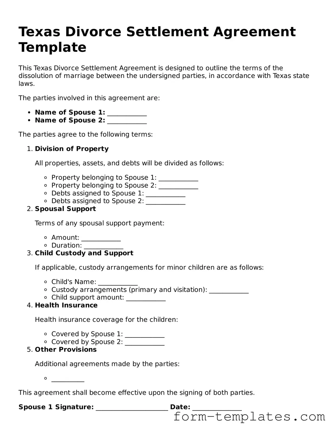 Printable Divorce Settlement Agreement Form for the State of Texas