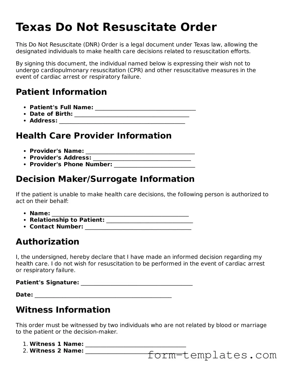 Printable Do Not Resuscitate Order Form for the State of Texas