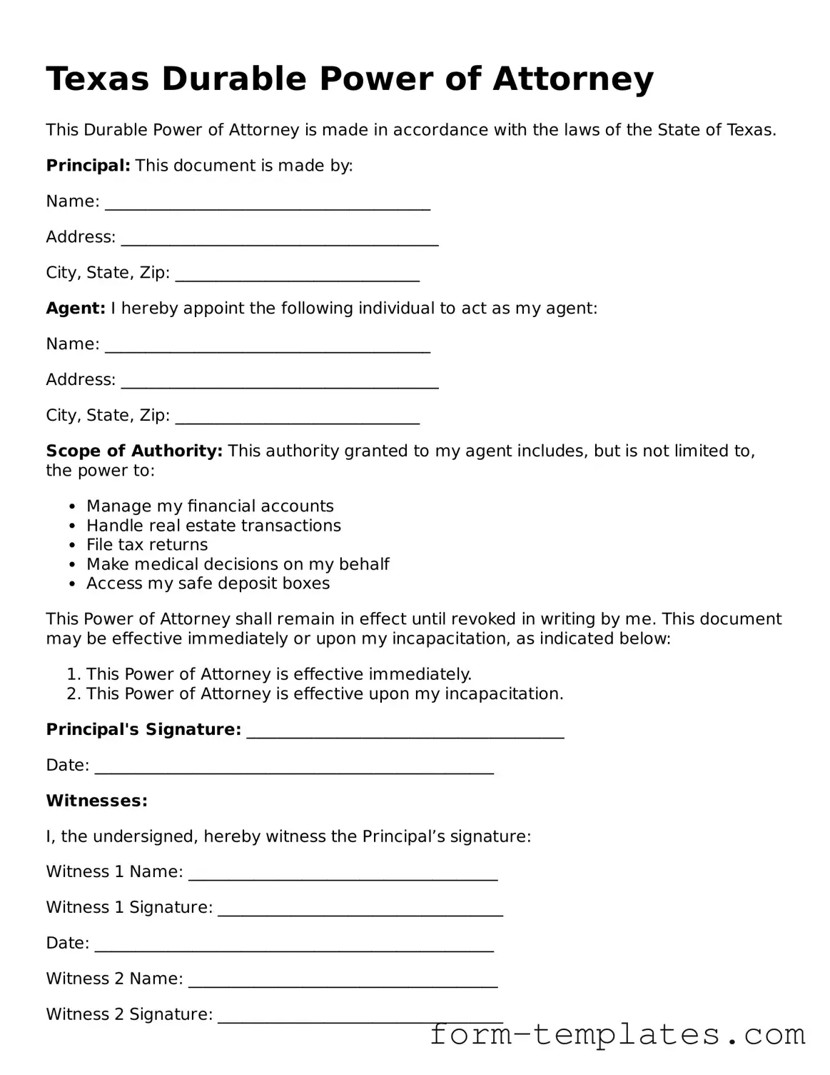 Printable Durable Power of Attorney Form for the State of Texas