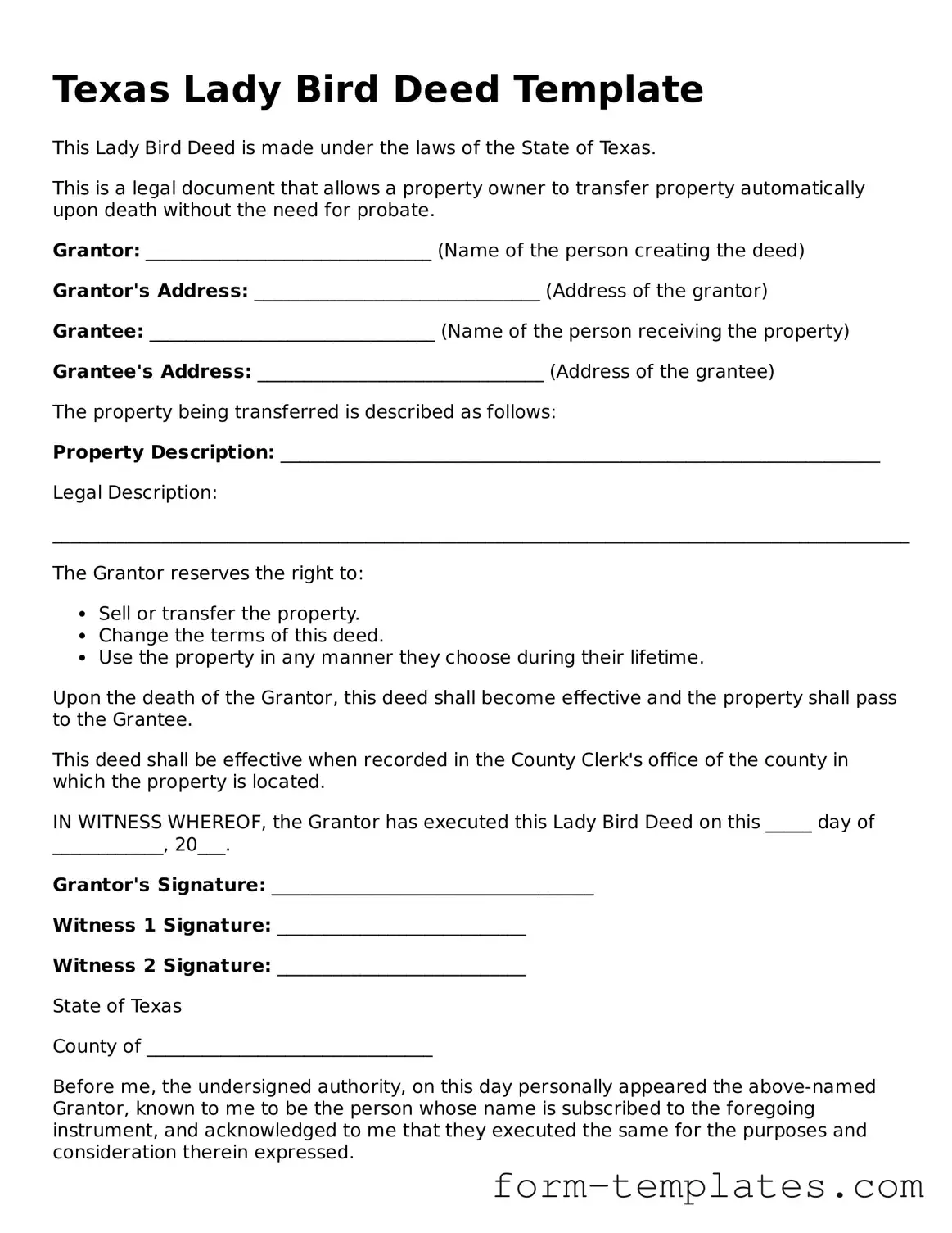 Printable Lady Bird Deed Form for the State of Texas