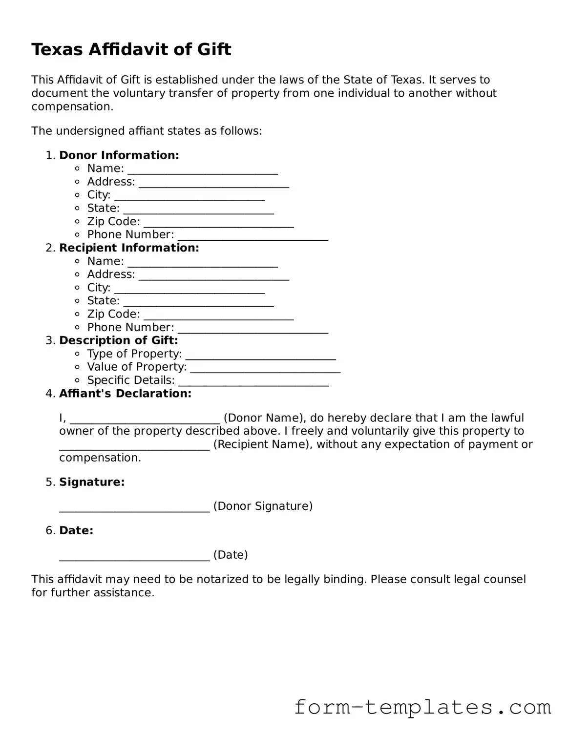 Printable Affidavit of Gift Form for the State of Texas