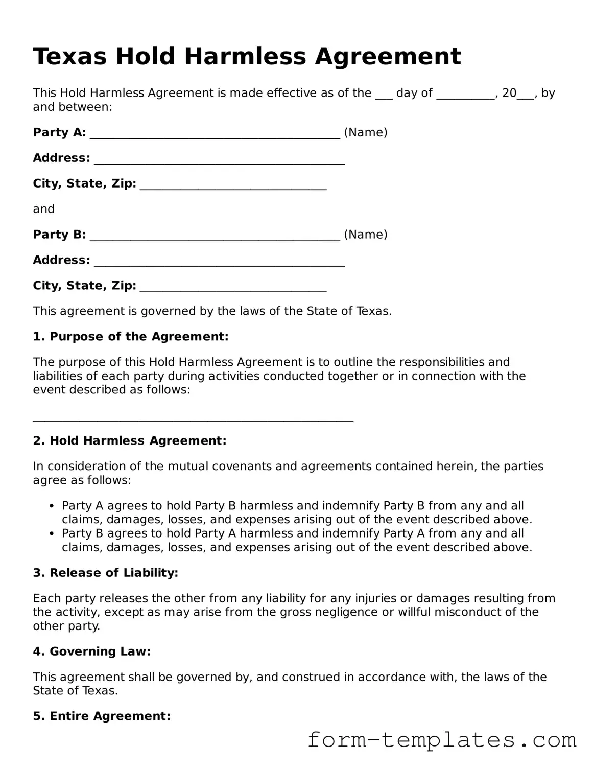 Printable Hold Harmless Agreement Form for the State of Texas