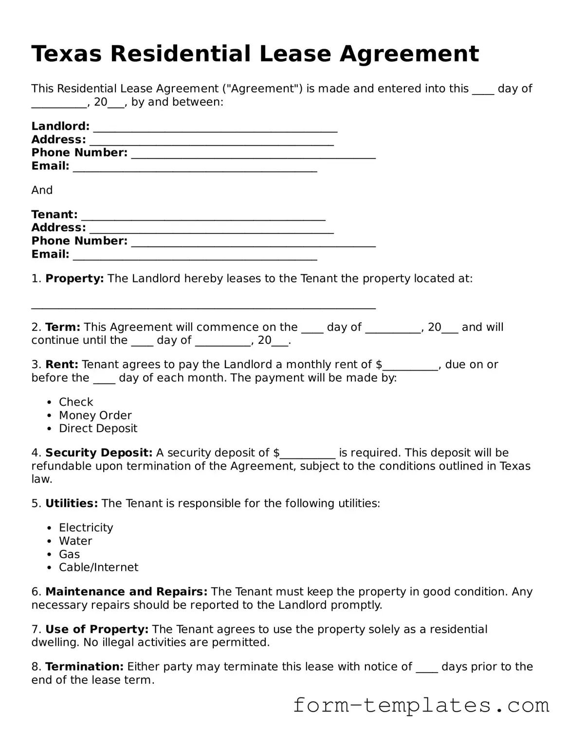 Printable Residential Lease Agreement Form for the State of Texas