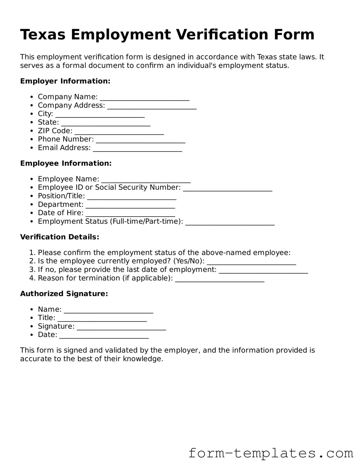 Printable Employment Verification Form for the State of Texas