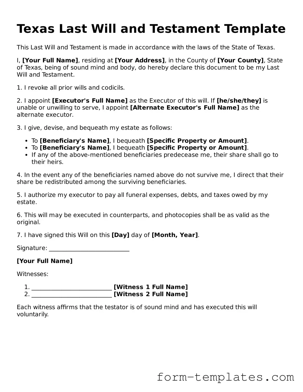 Printable Last Will and Testament Form for the State of Texas