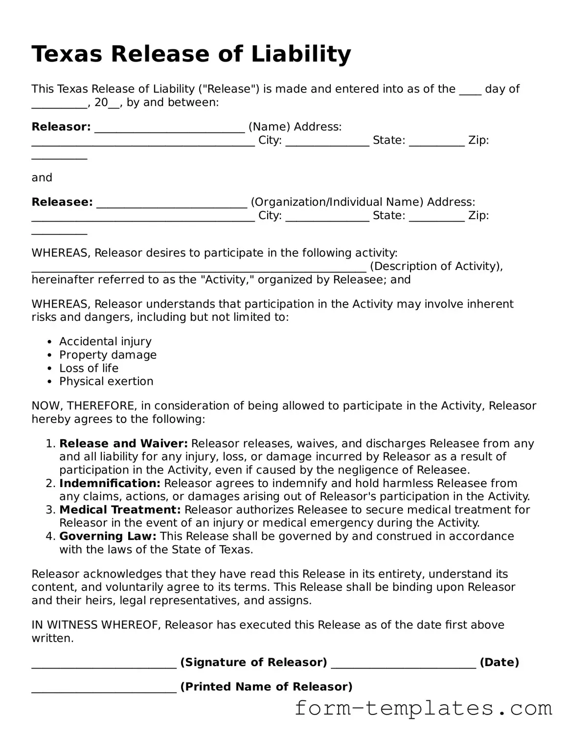 Printable Release of Liability Form for the State of Texas