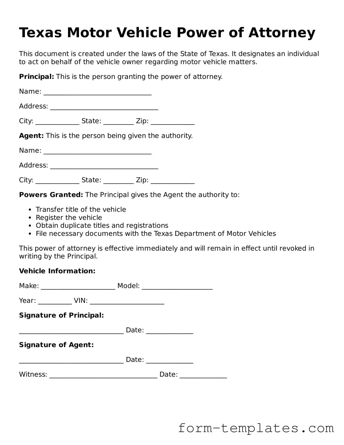 Printable Motor Vehicle Power of Attorney Form for the State of Texas