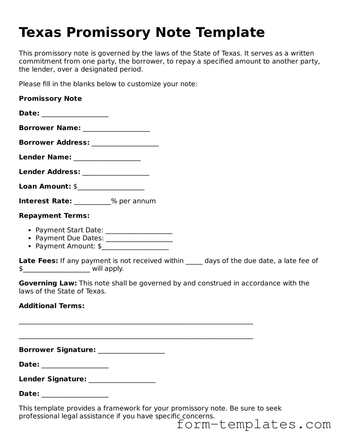 Printable Promissory Note Form for the State of Texas