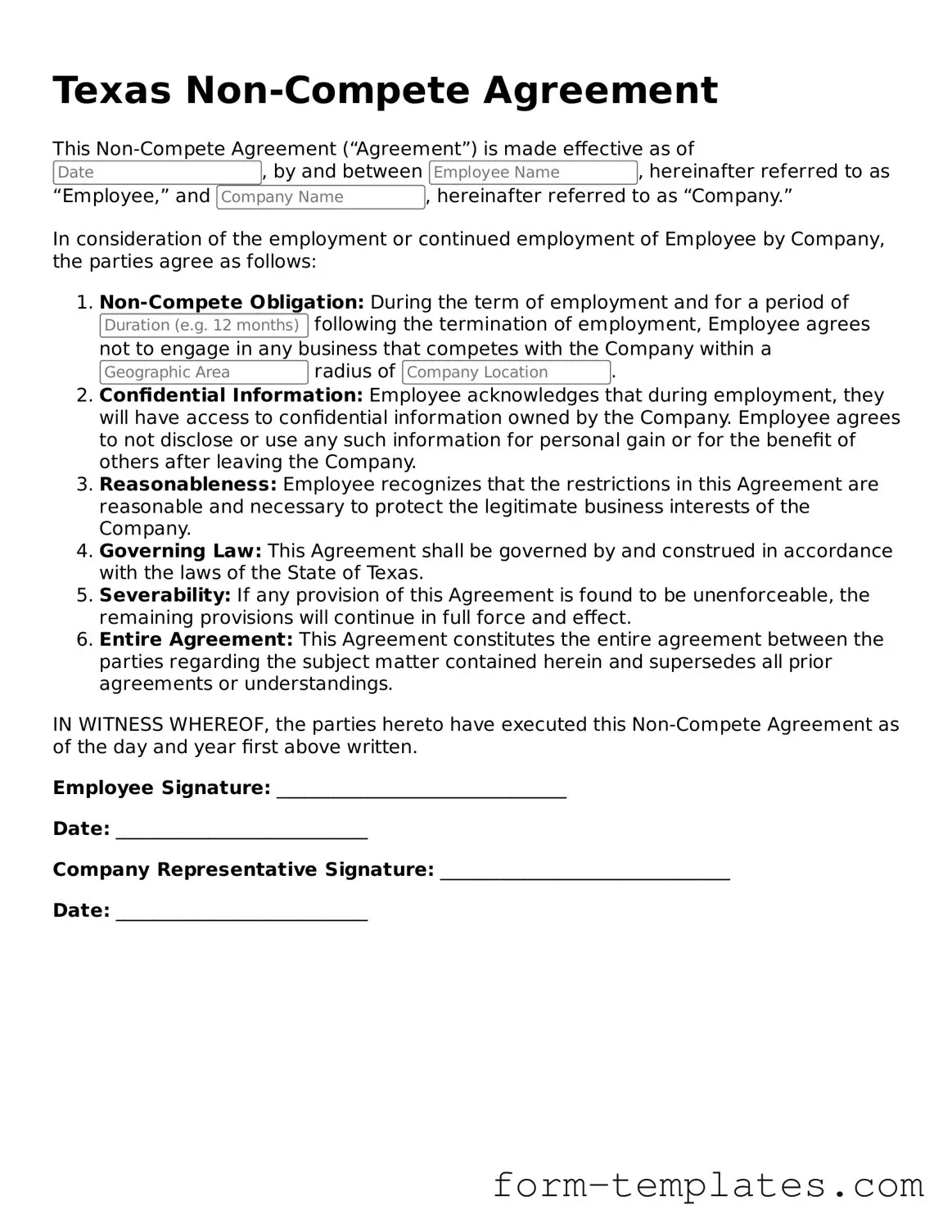 Printable Non-compete Agreement Form for the State of Texas