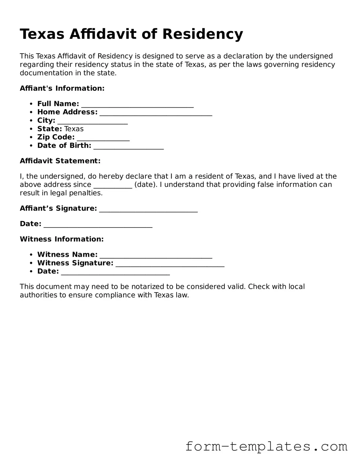 Printable Affidavit of Residency Form for the State of Texas