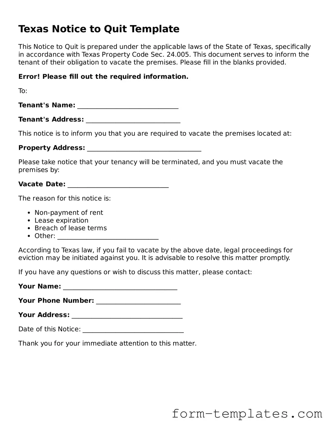 Printable Notice to Quit Form for the State of Texas