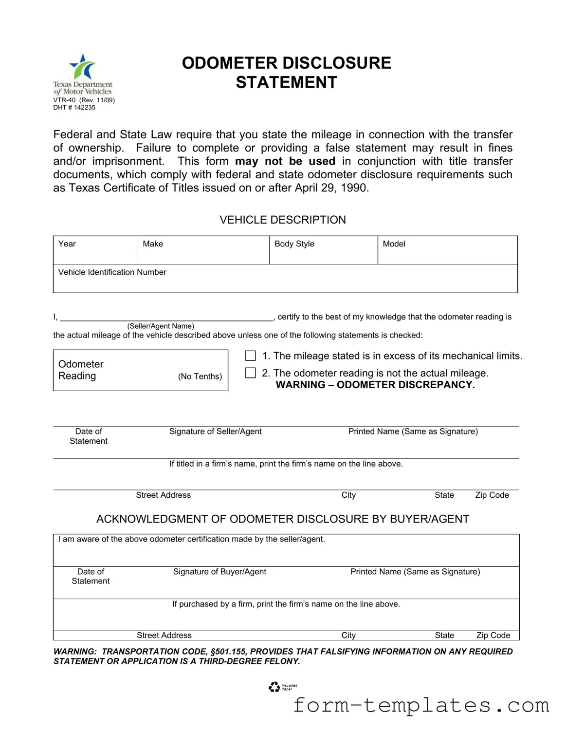 Fill Out a Valid Texas Odometer Statement Template