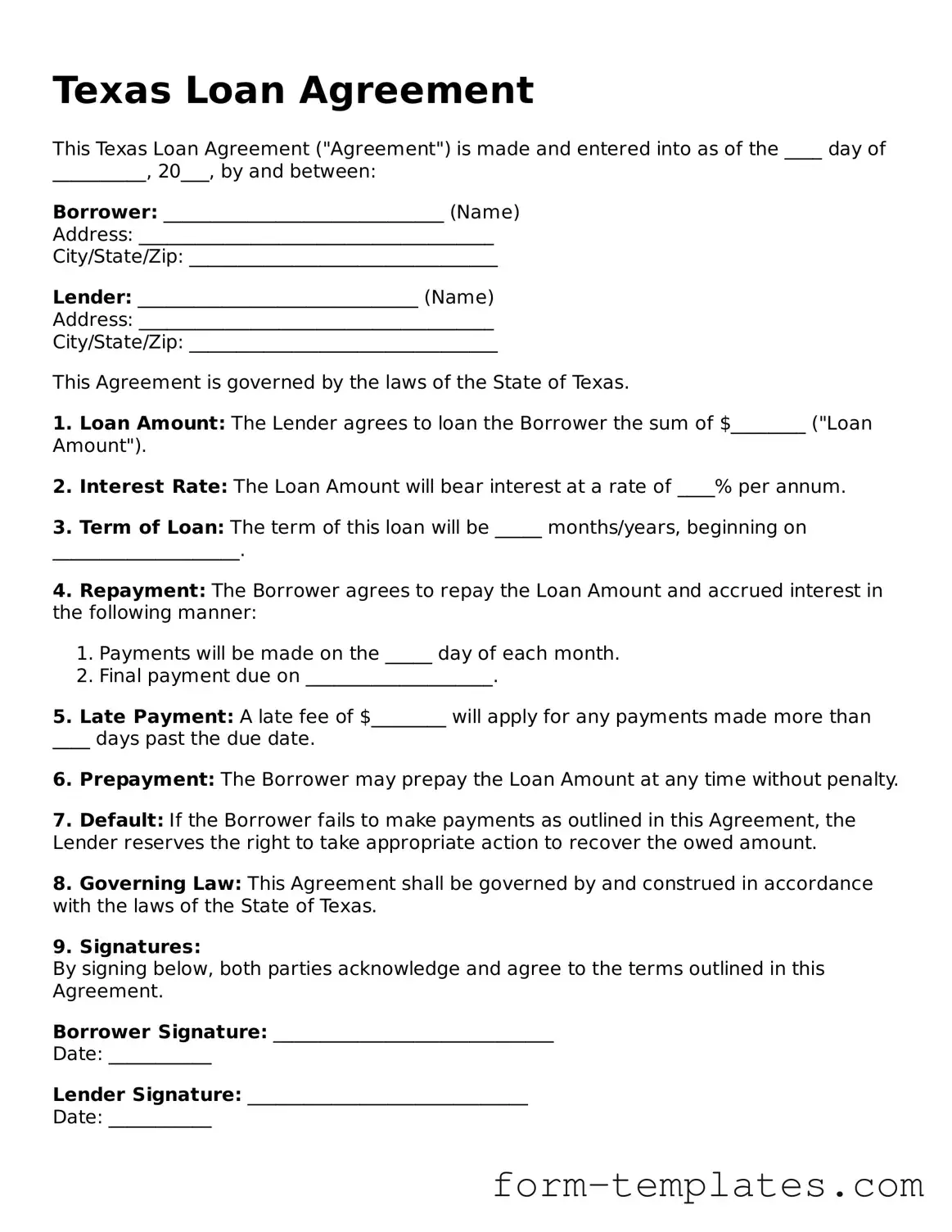 Printable Loan Agreement Form for the State of Texas