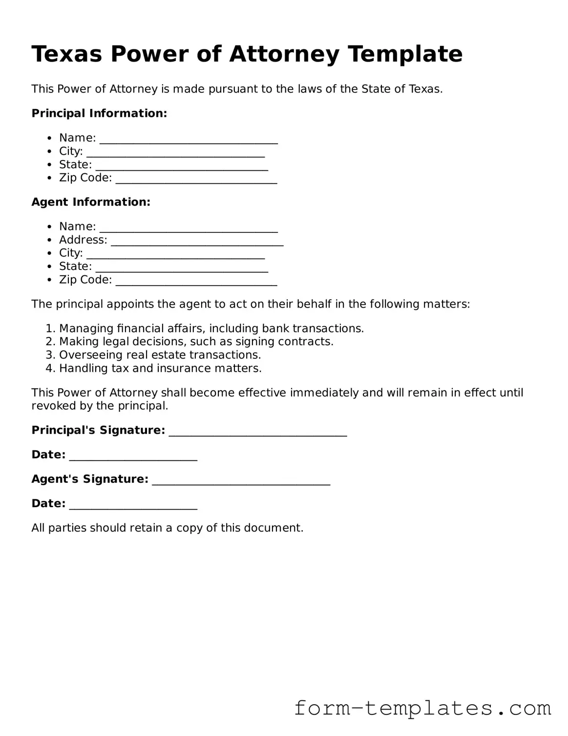 Printable Power of Attorney Form for the State of Texas
