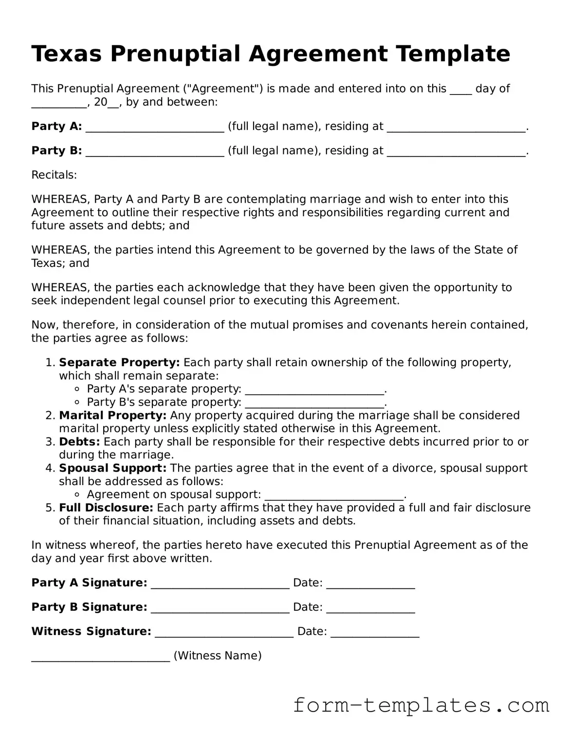Printable Prenuptial Agreement Form for the State of Texas