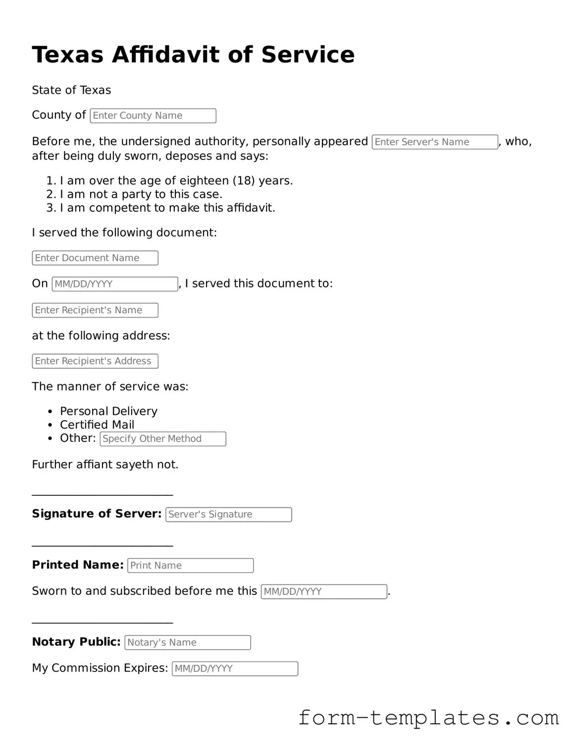 Printable Affidavit of Service Form for the State of Texas