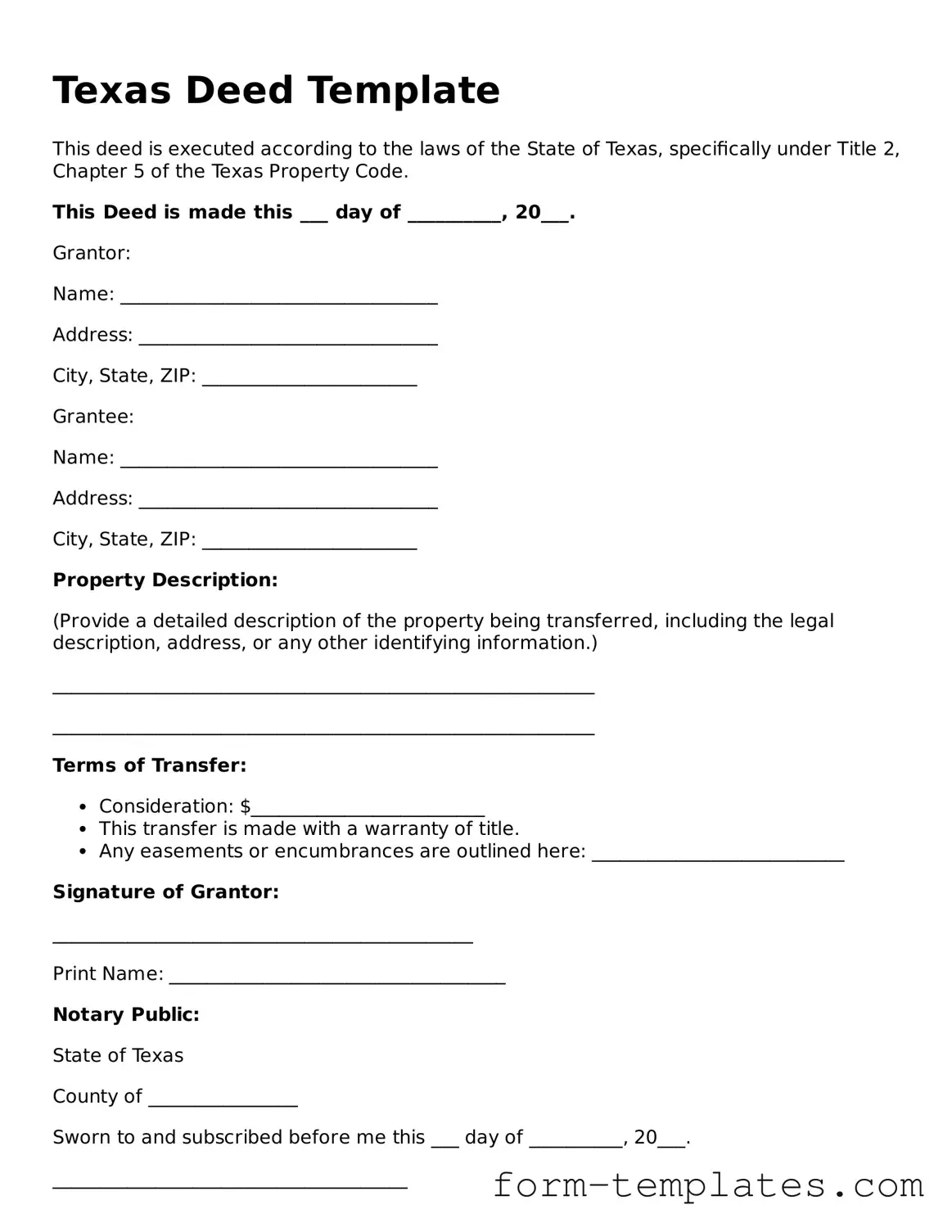 Printable Deed Form for the State of Texas