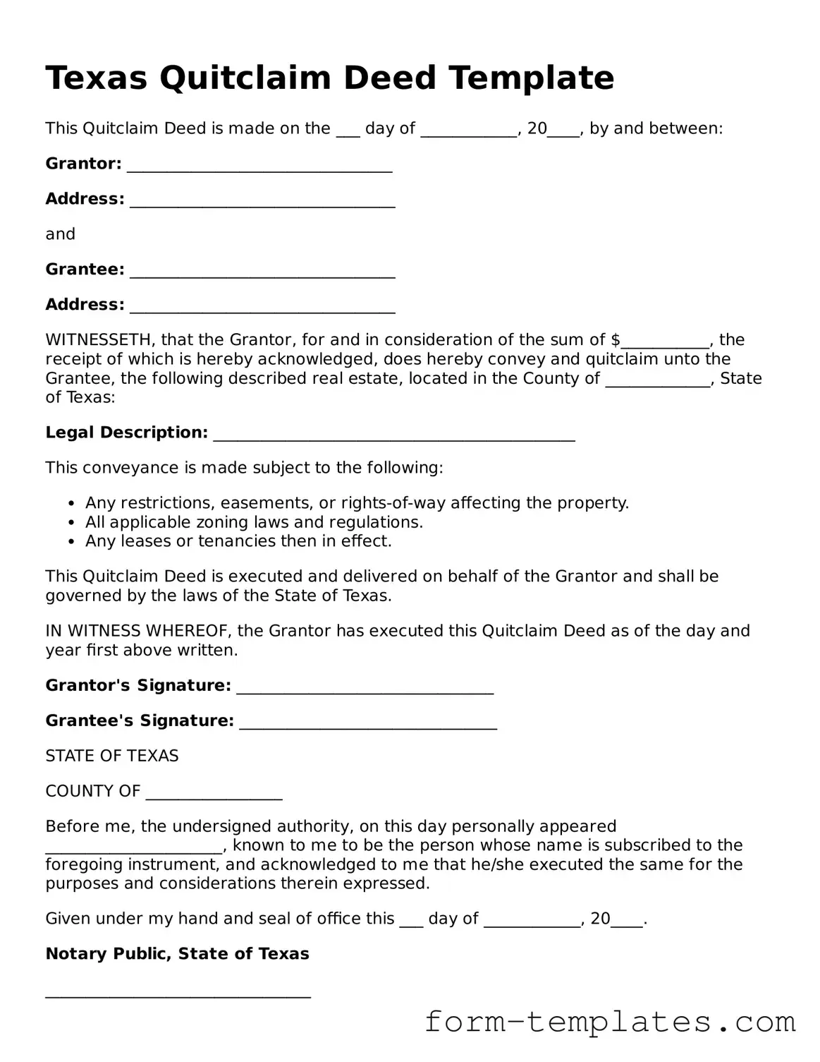 Printable Quitclaim Deed Form for the State of Texas