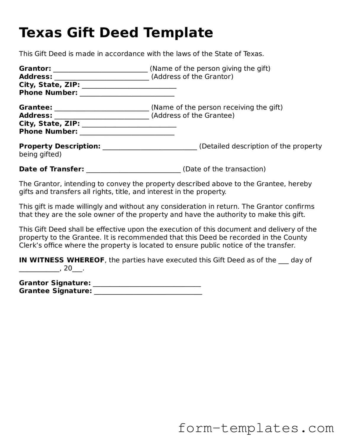 Printable Gift Deed Form for the State of Texas