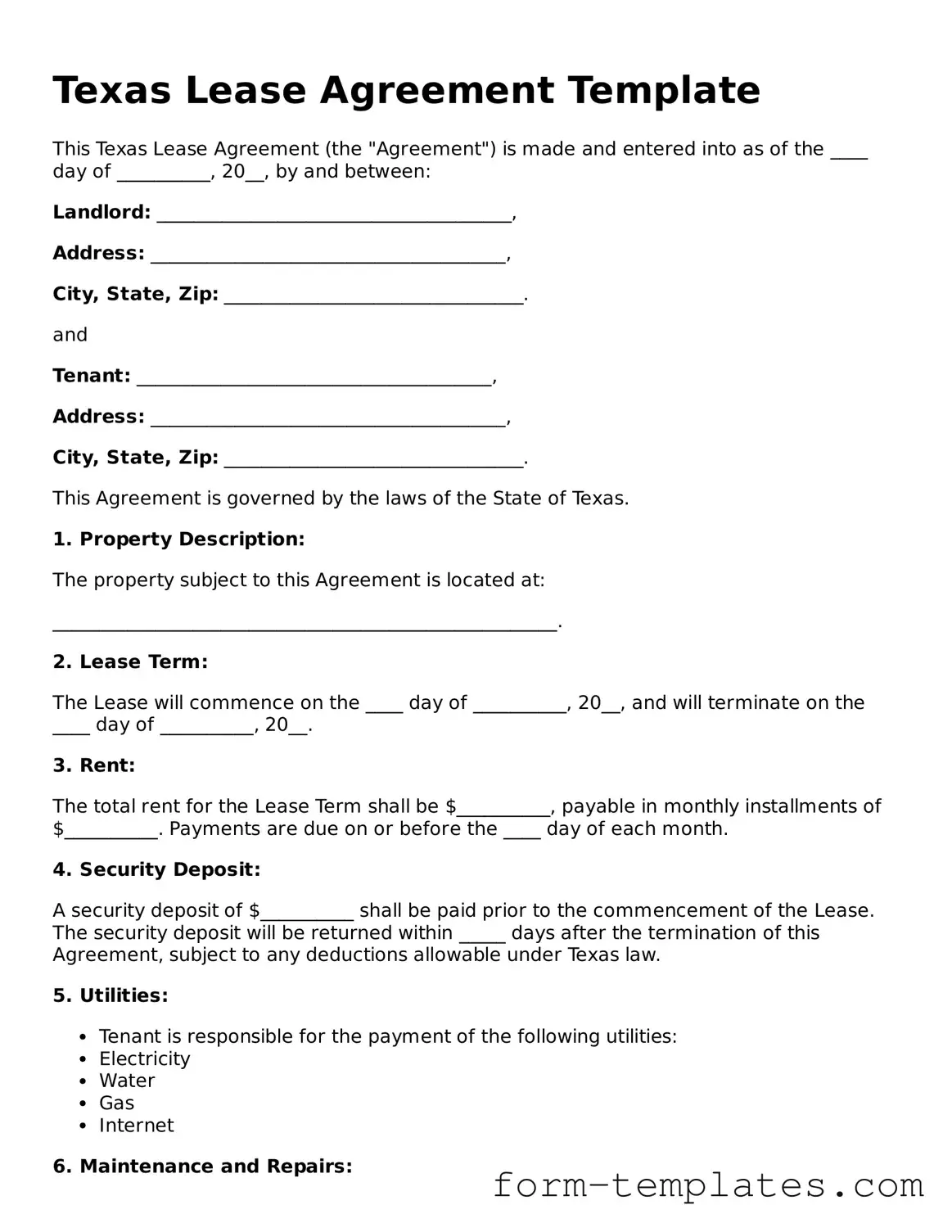 Printable Lease Agreement Form for the State of Texas