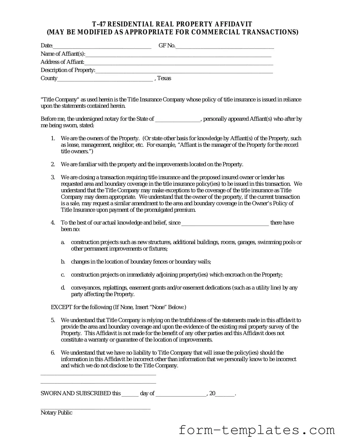Fill Out a Valid Texas residential property affidavit T-47 Template
