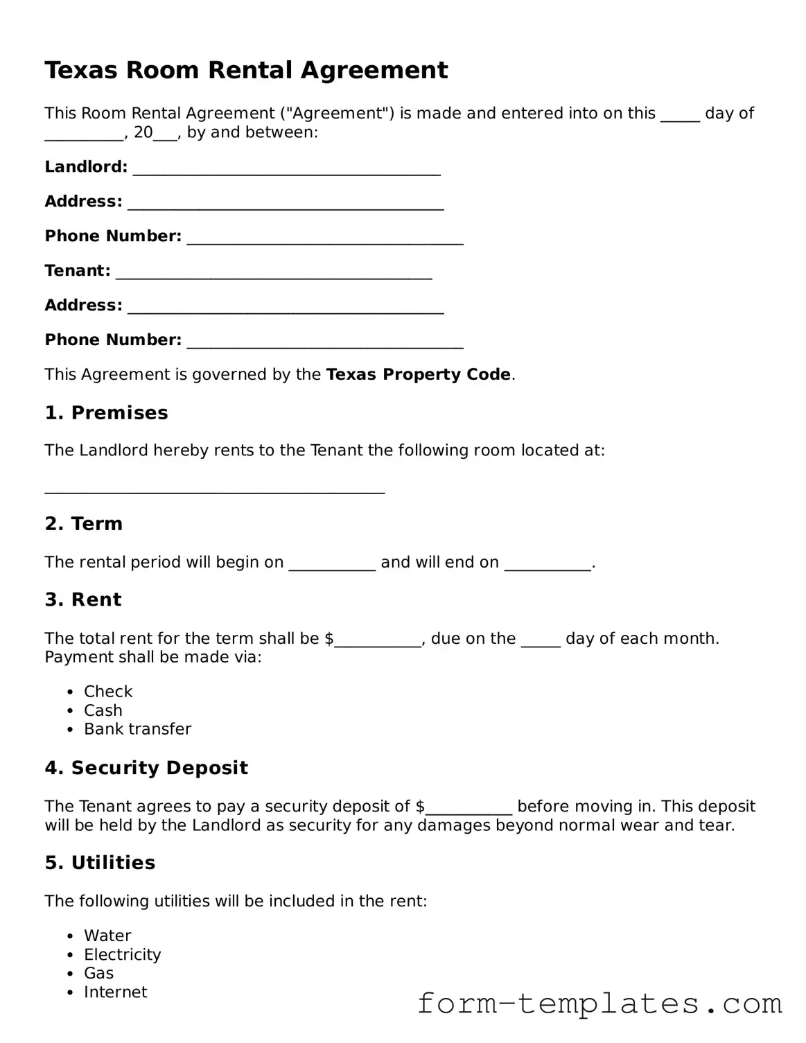 Printable Room Rental Agreement Form for the State of Texas