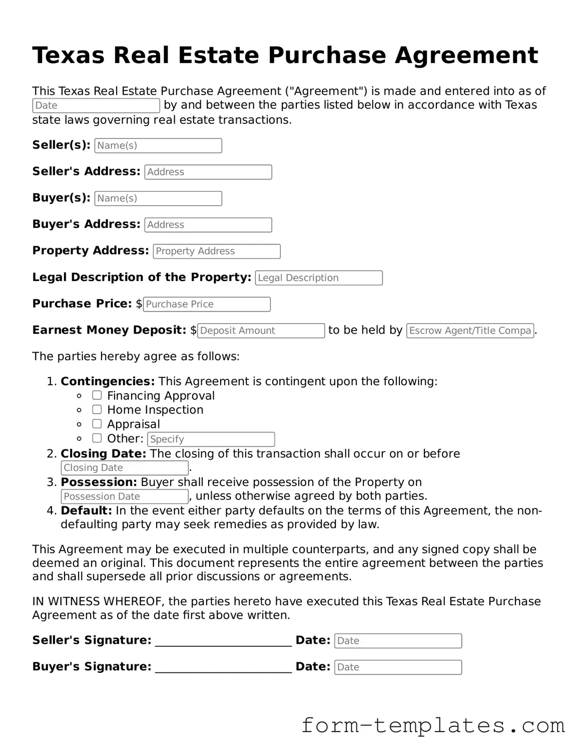 Printable Real Estate Purchase Agreement Form for the State of Texas