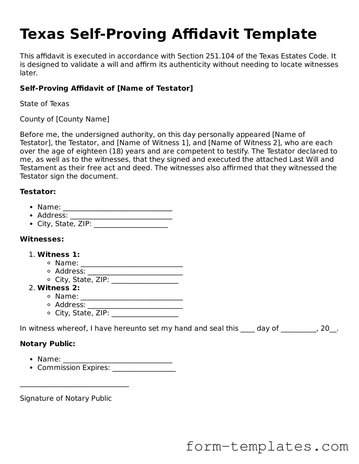 Printable Self-Proving Affidavit Form for the State of Texas