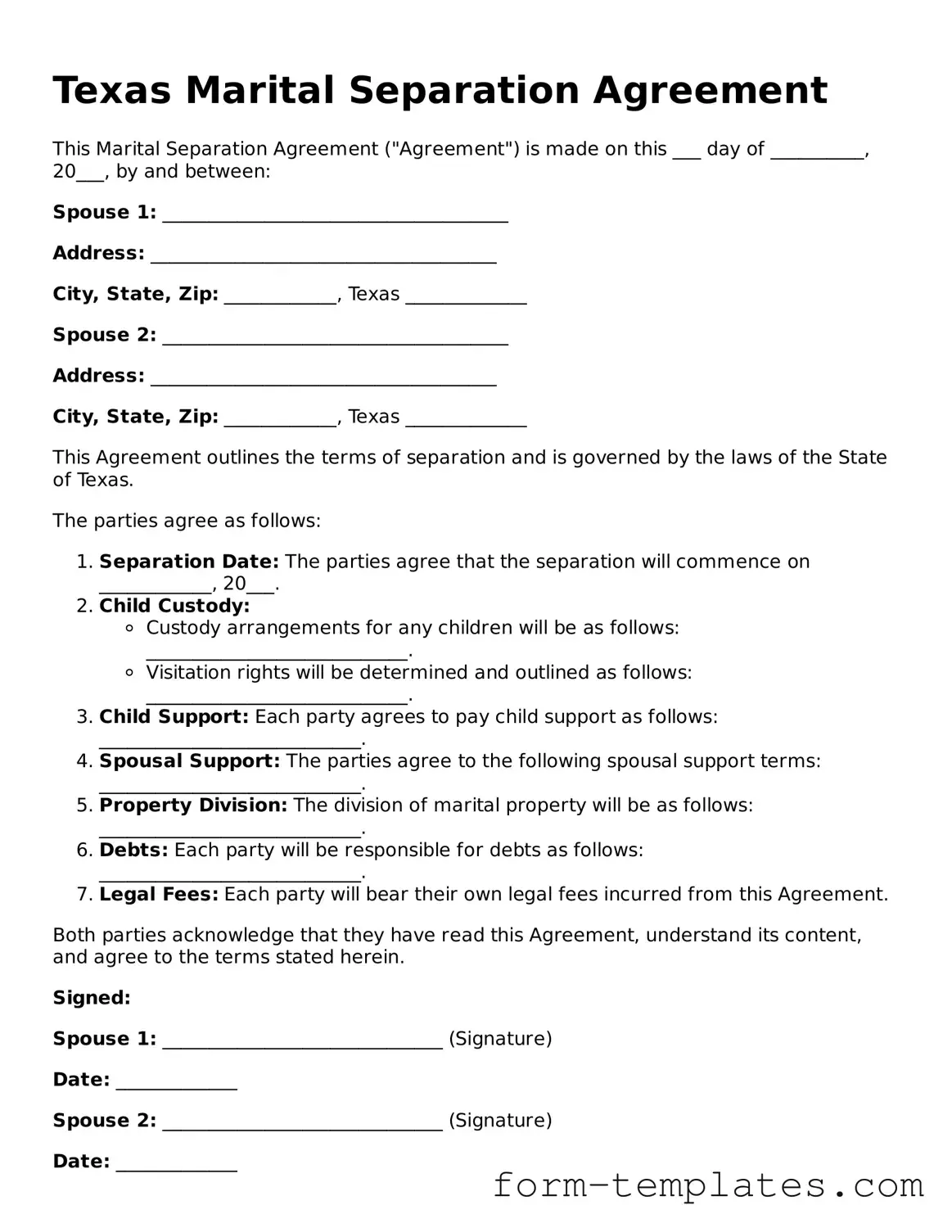 Printable Marital Separation Agreement Form for the State of Texas