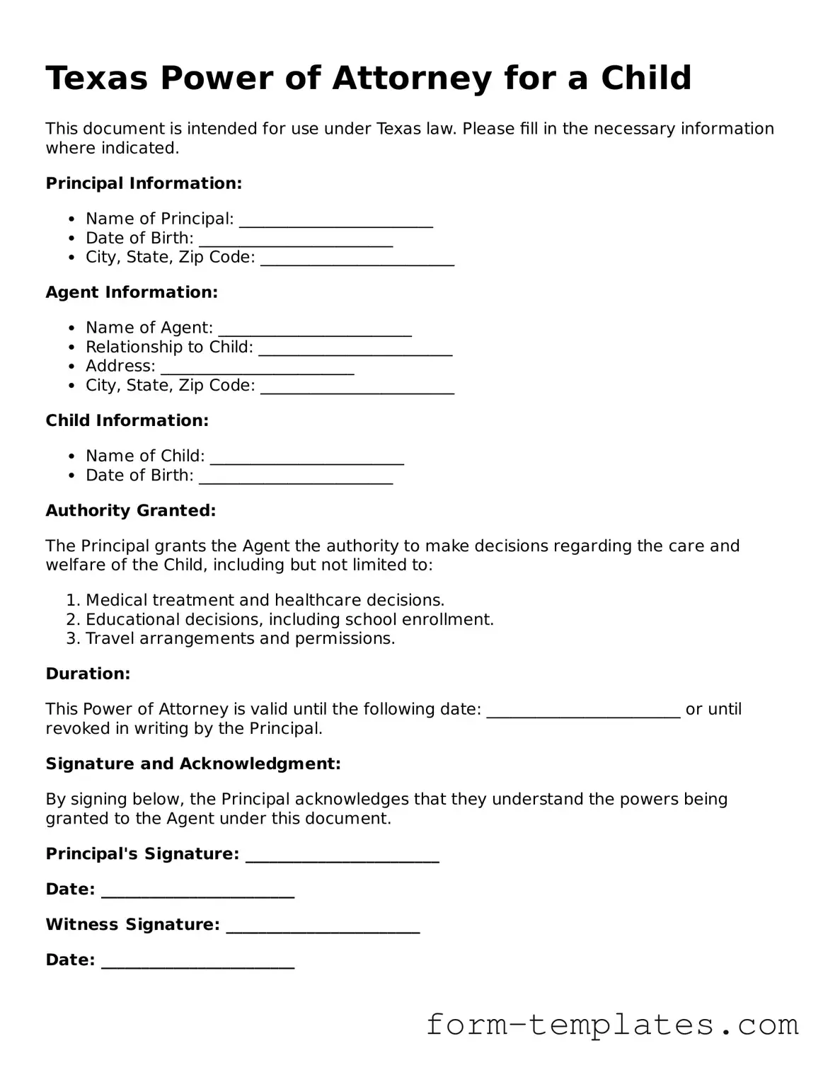 Printable Power of Attorney for a Child Form for the State of Texas