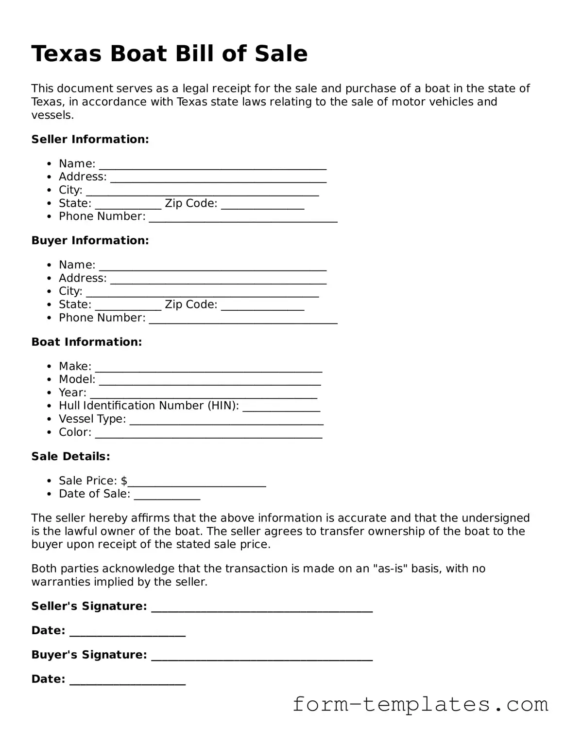 Printable Boat Bill of Sale Form for the State of Texas