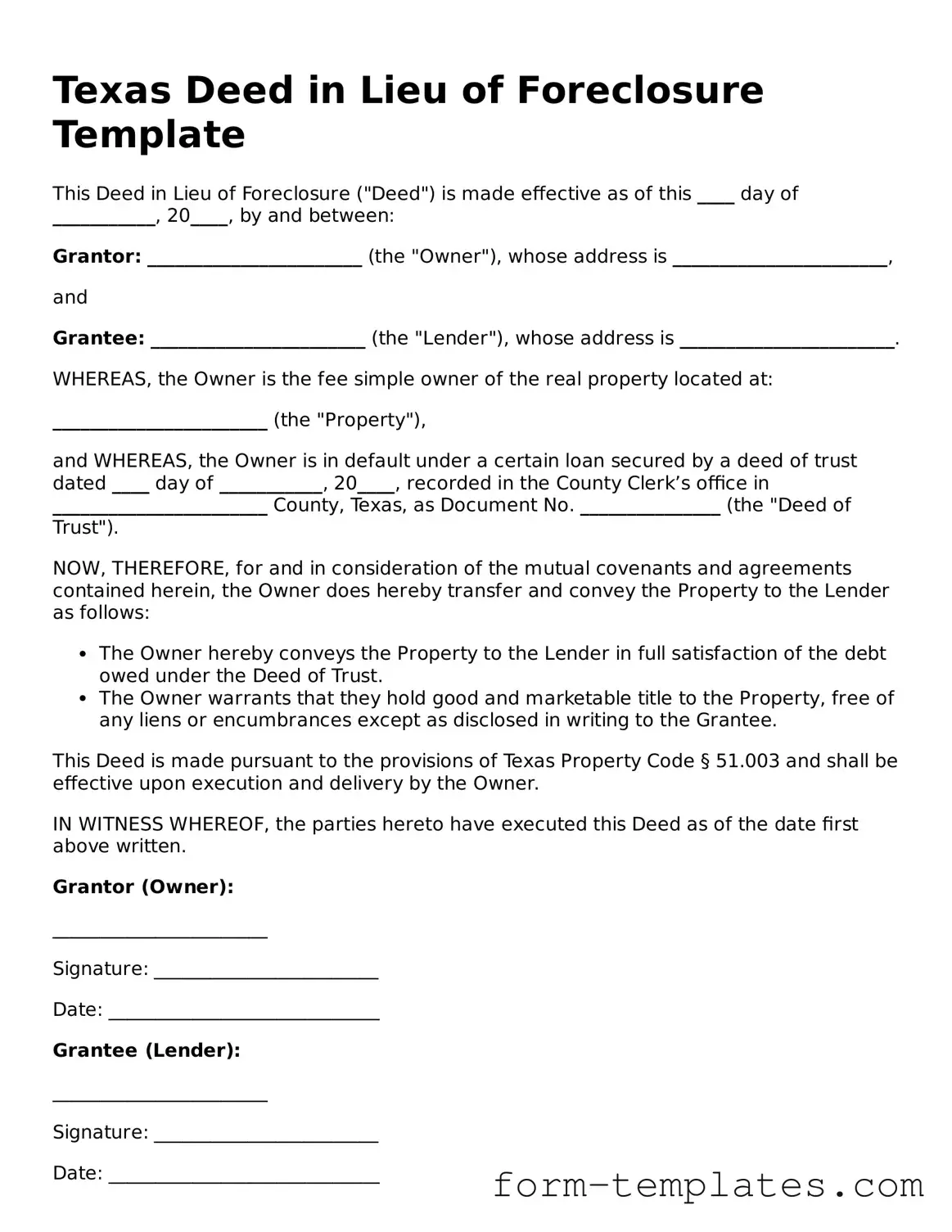 Printable Deed in Lieu of Foreclosure Form for the State of Texas