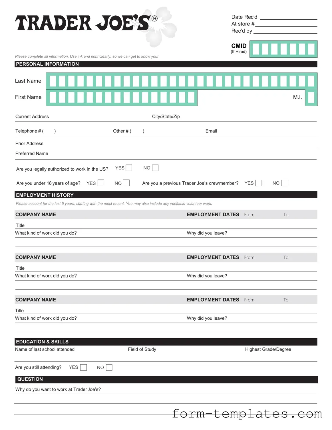 Fill Out a Valid Trader Joe's application Template