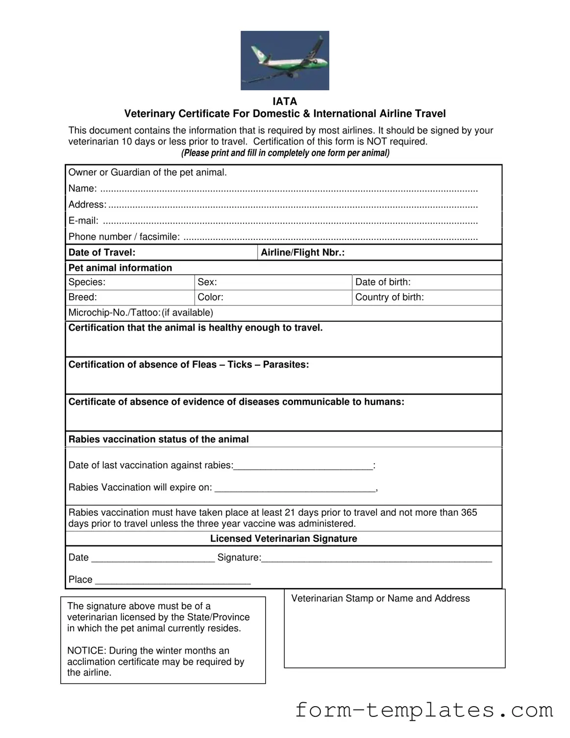 Fill Out a Valid Veterinary Certificate Travel Template
