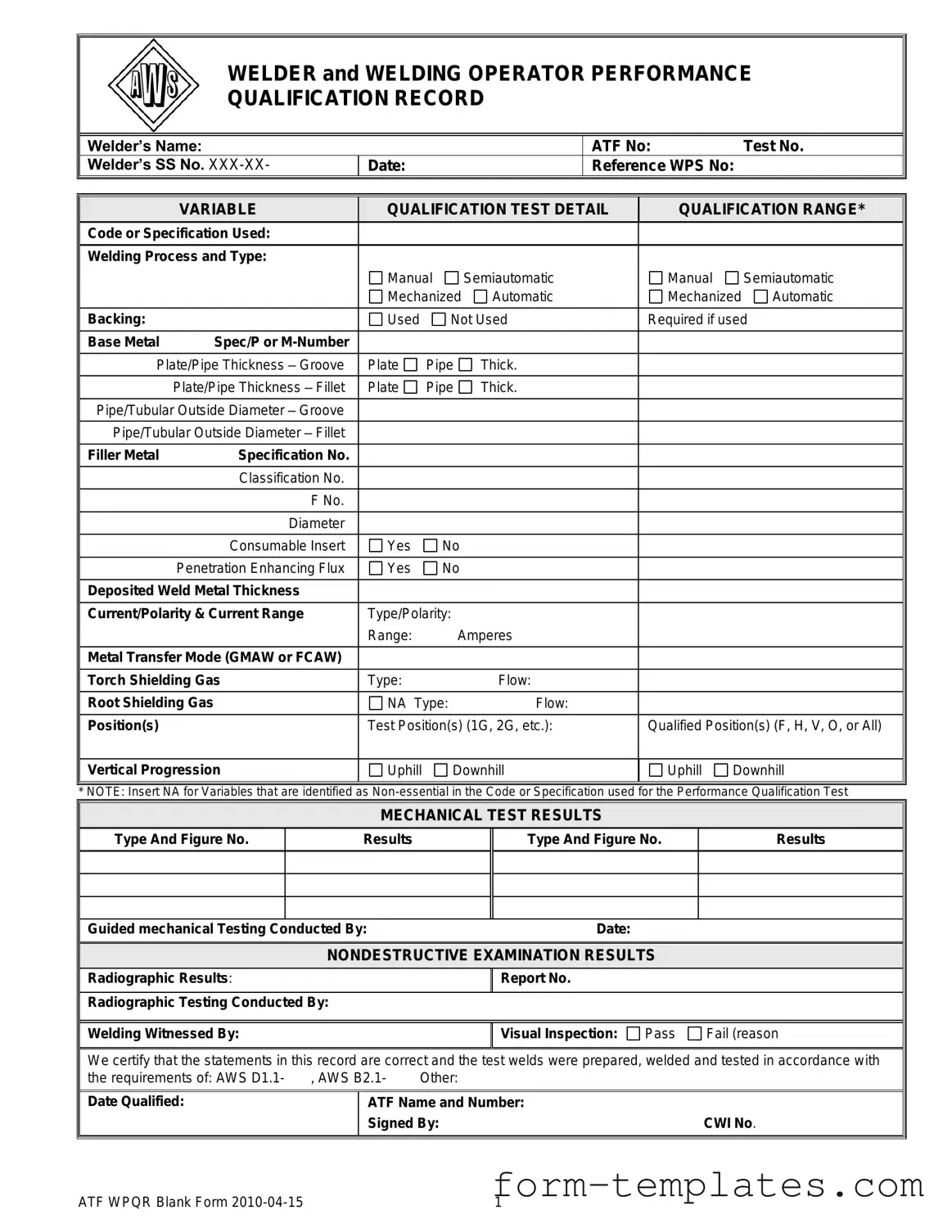 Fill Out a Valid Welder Performance Qualification Record Template